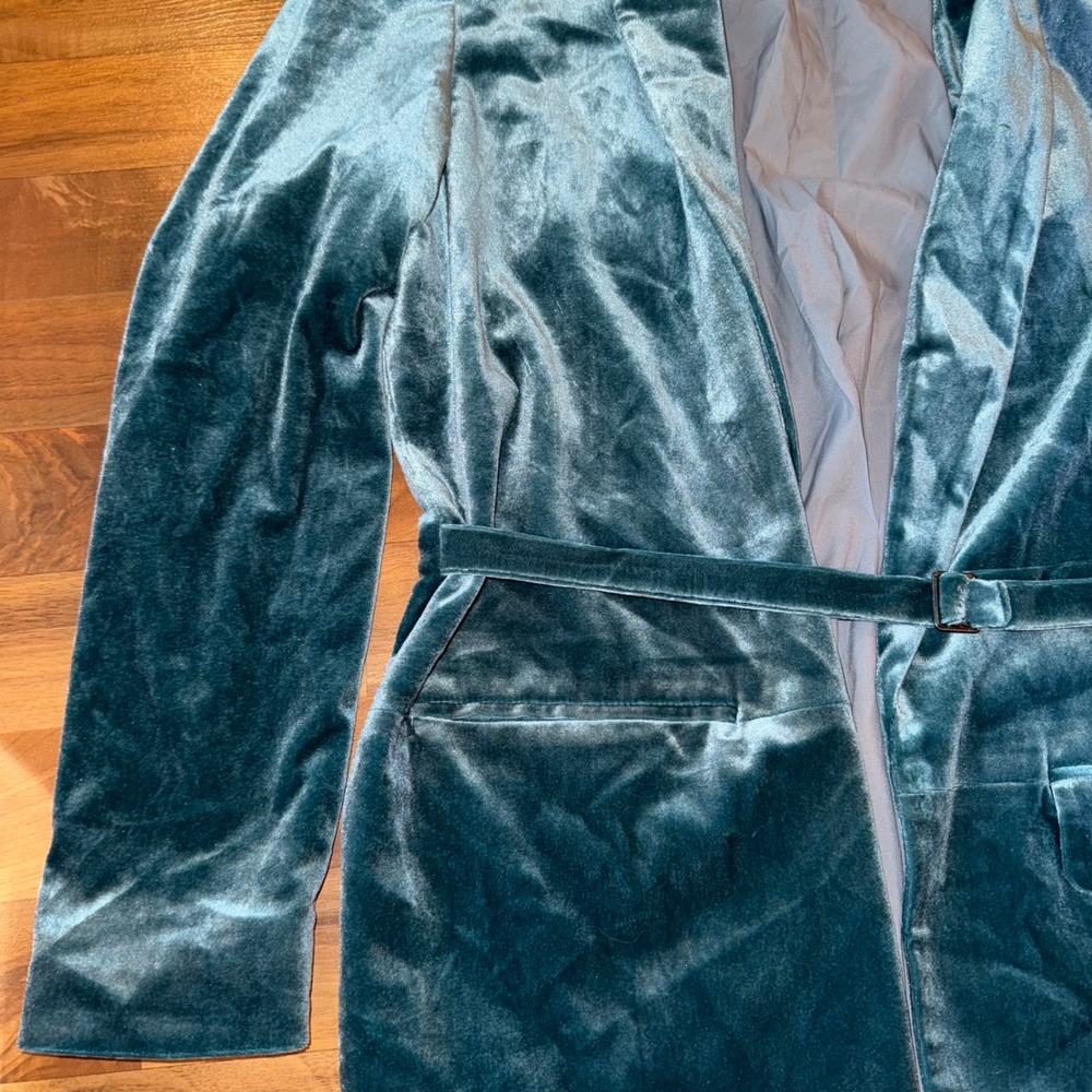 YAYA Women Velvet Blazer Belted Jacket Teal Green Size 38 holiday office party M - Picture 2 of 7